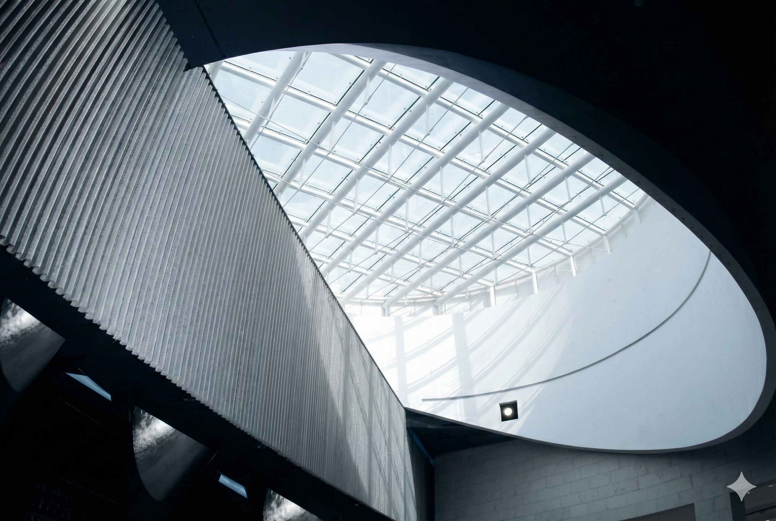 360 Mall Skylight Wing — ceiling under noon sun with anodised aluminium baffles