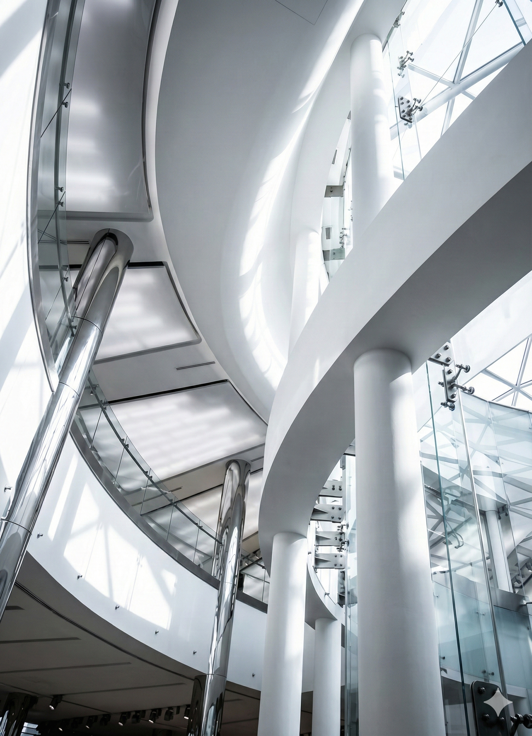 Lexus showroom atrium — GRG ribbon and mirror-polished stainless columns