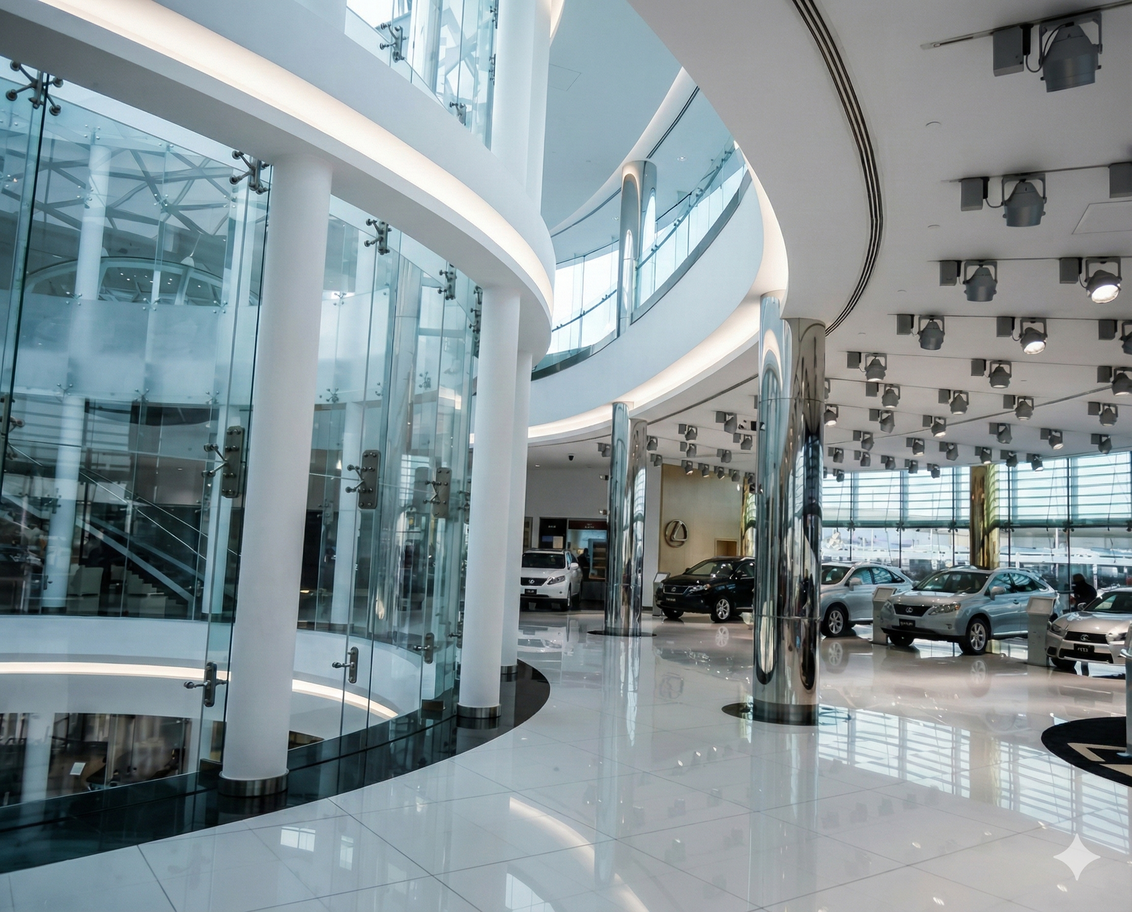 Lexus showroom main floor — display ring and brand wall